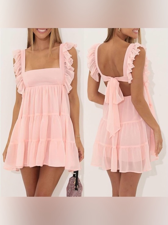 Lucy in the Sky Dresses & Skirts - NEW Lucy in the Sky Chiffon Baby Doll Ruffle Dress Pink S